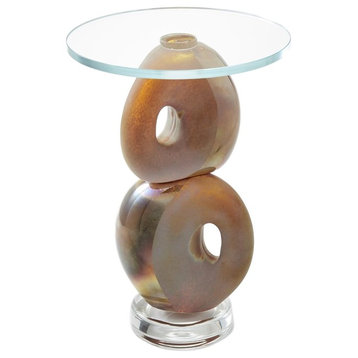Luxe Abstract Modern Stacked Rings Art Glass Table, Round Accent Amber Scupture