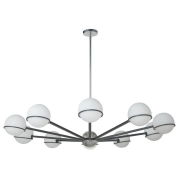 Matte Black and Polished Chrome Modern Chandelier With White Glass