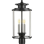 Progress Lighting - Squire Collection 3-Light Post Lantern, Black - Squire lanterns feature a classic traditional profile with clean, modern metal fittings. Accented with contrasting metallic elements, the cylindrical frame is comprised of a clear glass diffuser. Uses Three 60 W Candelabra Base bulbs (not included).