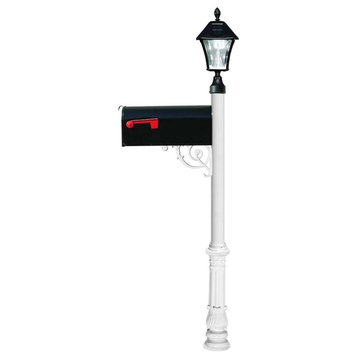 Post W/ Economy #1 Mailbox, Ornate Base In White Color With Black Solar Lamp