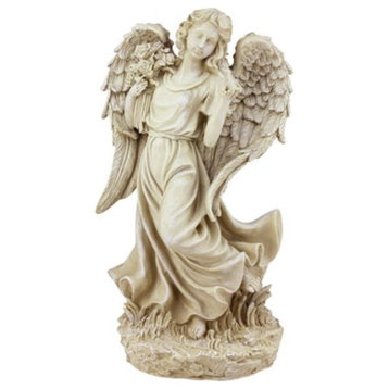 18" Almond Brown Angel With Bird and Bouquet Patio Garden Statue