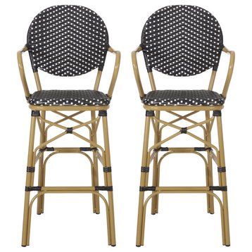 Danberry Outdoor 29.5" French Barstools, Set of 2, Bamboo Print Finish/Black/White