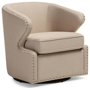 Swiveling Accent Chair, Rounded Design With Cushioned Seat and Nailhead, Beige