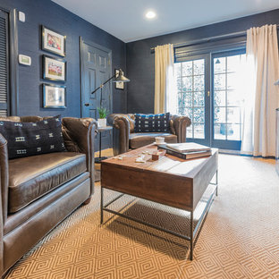 Example of a small transitional enclosed carpeted and beige floor home theater design in Philadelphia with blue walls and a wall-mounted tv