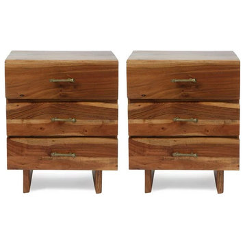 Set of 2 Nightstand, Solid Acacia Wood Construction With 3 Drawers, Dark Natural