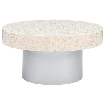 Modern Coffee Table, Drum Base With Round Geometric Accented Top, Ivory/Grey