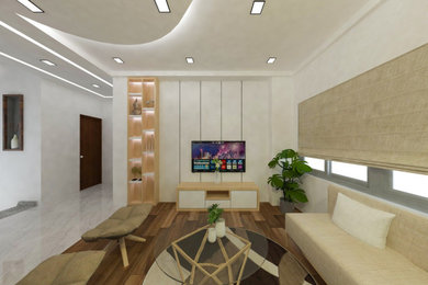 Foto de sala de estar moderna con paredes blancas, suelo vinílico, televisor colgado en la pared, suelo marrón, todos los diseños de techos y panelado