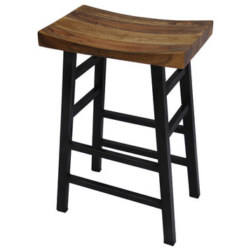Wooden Saddle Seat 30 Inch Barstool With Ladder Base, Brown And Black