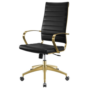 Modern Home Office Work Desk Chair, Faux Vinyl Leather Aluminum, Gold Black