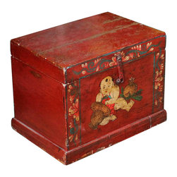 Chinese Vintage Red Kids Theme Trunk Box Chest - Decorative Boxes