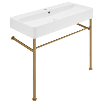 Carre 36" Ceramic Console Sink White Basin Gold Legs, Brushed Gold