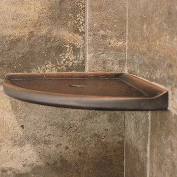 Moline, IL Bath Remodel With Gray Stained Cherry Vanity and Pebble Tiled Shower