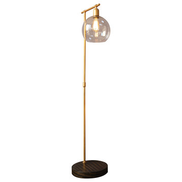 Metal and Wood Floor Lamp With Gold Finish and Glass Globe Shade