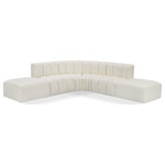 Meridian Furniture - Arc Vegan Leather Upholstered 6-Pc. L-Shaped Modular Sectional, Cream - Unleash modern opulence with the Arc Vegan Leather 6pc. Sectional. Crafted for the modern connoisseur, this Sectional injects an air of refined luxury into any space. Its sleek silhouette, upholstered in supple cream vegan leather, exudes timeless sophistication while the deep channel tufting adds textural intrigue, further elevating the chair's visual appeal. The modular design makes it a versatile chameleon, effortlessly adapting to your evolving needs and preferences. Whether you envision it gracing a chic living room corner, basking in the glow of a bedroom window, or adding a touch of drama to a home office, the Arc seamlessly complements your unique interior aesthetic.