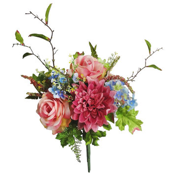 16" Pink Faux Rose, Dahlia, Hydrangea Bouquet
