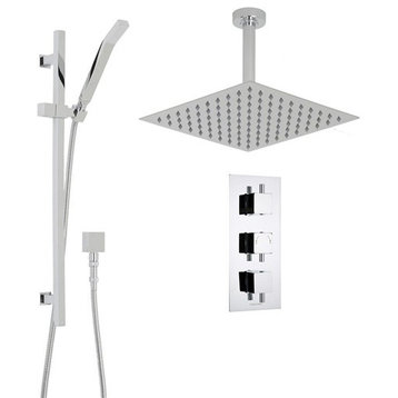 Benete Square Chrome Rain Shower System Set 2 Outlets Ceiling Head and Handset