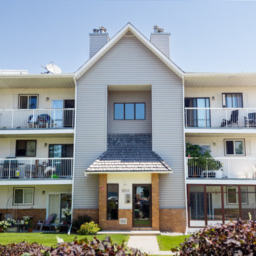 Full exterior of large apartment complex