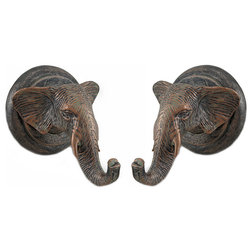 Traditional Wall Hooks Elephant Head Wall Hooks, Antique Bronze, Set of 2