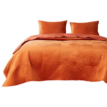 Benzara BM280412 3 Piece Velvet Full Quilt Set, Diamond Quilting Design, Orange