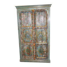 Mogul Interior - Consigned Antique Distressed Teal Blue Jaipur Hand Painted Storage Armoire Chest - Armoires and Wardrobes