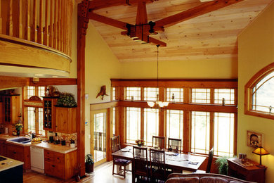 Large arts and crafts light wood floor great room photo in New York with yellow walls