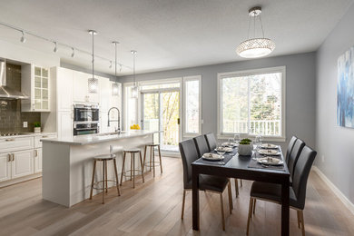 Example of a large minimalist single-wall light wood floor and brown floor eat-in kitchen design in Vancouver with a double-bowl sink, recessed-panel cabinets, white cabinets, marble countertops, gray backsplash, subway tile backsplash, stainless steel appliances and an island