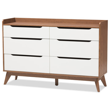 Brighton Mid-Century Modern White and Walnut Wood 6-Drawer Storage Dresser