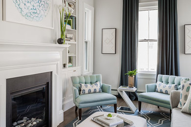 Living room - transitional formal dark wood floor living room idea in Boston with white walls, a standard fireplace and no tv