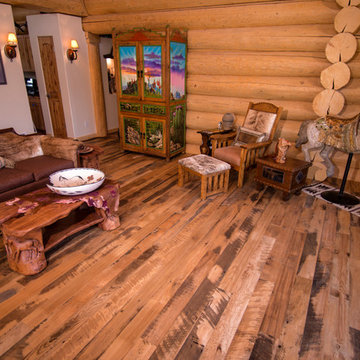 Log home with mushroom wood trim accent and skip-planed Traiblazer floor