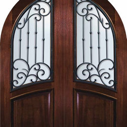 Slab Entry Double Door 96 Mahogany Catalina Round Top Wrought Iron - Front Doors