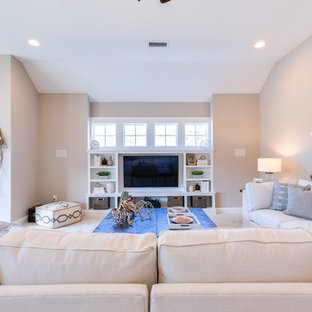 Photo of an expansive nautical open plan home cinema in Other with grey walls, carpet, a built-in media unit and white floors.