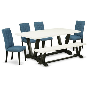 East West Furniture V-Style 6-piece Wood Dining Set in Black/Mineral Blue/White