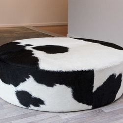 Large Round Cowhide Ottoman Black and White - Footstools And Ottomans