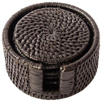 Artifacts Rattan Round Coasters With Box 7 Piece Set, Tudor Black