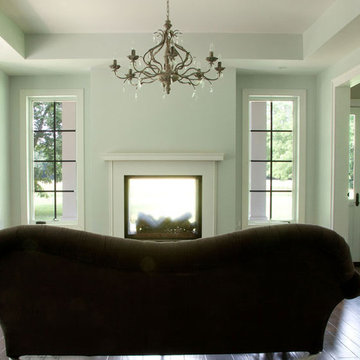 Living room with see through fireplace facing 4+ acre field (once an encampment)