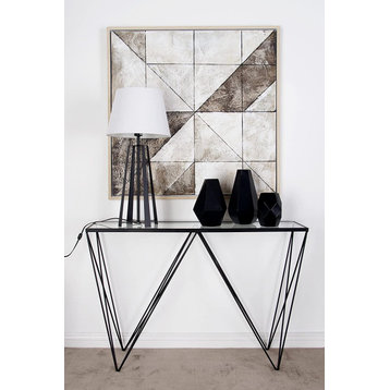 Contemporary Console Table, Inverted Triangular Legs With Mirrored Top, Black