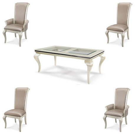 Hollywood Swank 5-Piece 102" Glass Top Dining Set, Pearl Caviar