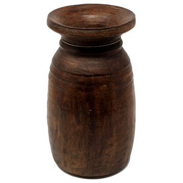 Rustic Vintage Solid Wood Jug Vase, 11" Vessel Antique Reclaimed Carved Teak