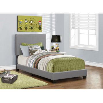 Bed, Twin Size, Platform, Bedroom, Frame, Upholstered, Pu Leather Look, Grey