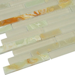 Glossy Cream and Green Onyx Random Brick Pattern Glass Mosaic Tiles - Home Decor