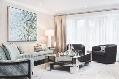 Mid-sized trendy open concept dark wood floor and brown floor living room photo in Toronto with beige walls, no fireplace and no tv
