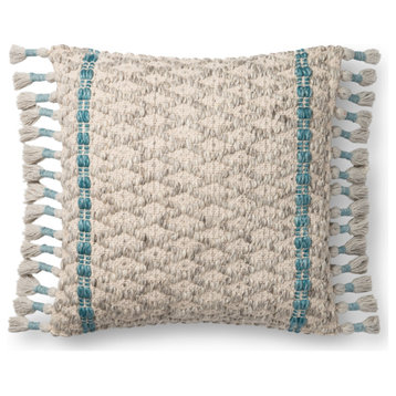 Dyed Wool With Tassels 22"x22" Decorative Pillow, Gray/Blue, Down/Feather