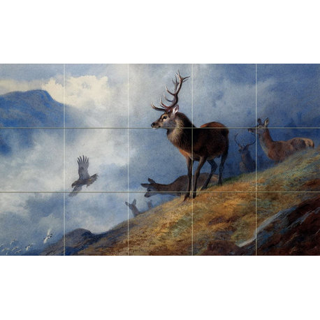 Tile Mural RED DEER WATCHING birds Kitchen Backsplash Four Inch Marble