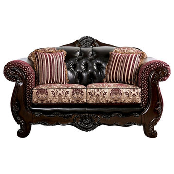 Furniture of America Eli Faux Leather Loveseat in Burgundy and Dark Brown