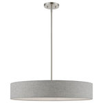 Livex Lighting - Elmhurst 5 Light Brushed Nickel With Shiny White Accents Large Drum Pendant - The Elmhurst collection is both modern and versatile. The brushed nickel finish with shiny white finish accents and hand-crafted urban gray color fabric hardback shade with white color fabric on the inside sets a pleasant mood. This sleek medium five-light drum pendant is a perfect fit for the living room, dining room, kitchen and bedroom.