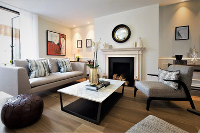 Inspiration for a medium sized contemporary enclosed living room in London with white walls, light hardwood flooring, a standard fireplace, a stone fireplace surround and no tv.