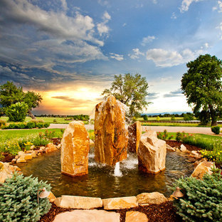 Großer Eklektischer Vorgarten mit Wasserspiel, direkter Sonneneinstrahlung und Natursteinplatten in Denver