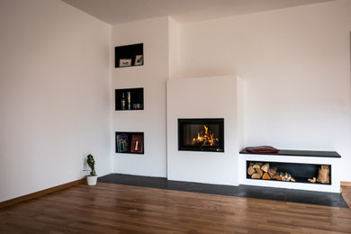 Photo of a modern living room in Munich with a standard fireplace and a plaster fireplace surround.