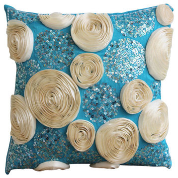 Blue Art Silk 24"x24" Ribbon Ivory Rose Flower & Sequins Pillow Shams, Eternity