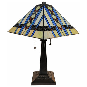 23" Amber Brown and Blue Stained Glass Two Light Mission Style Table Lamp